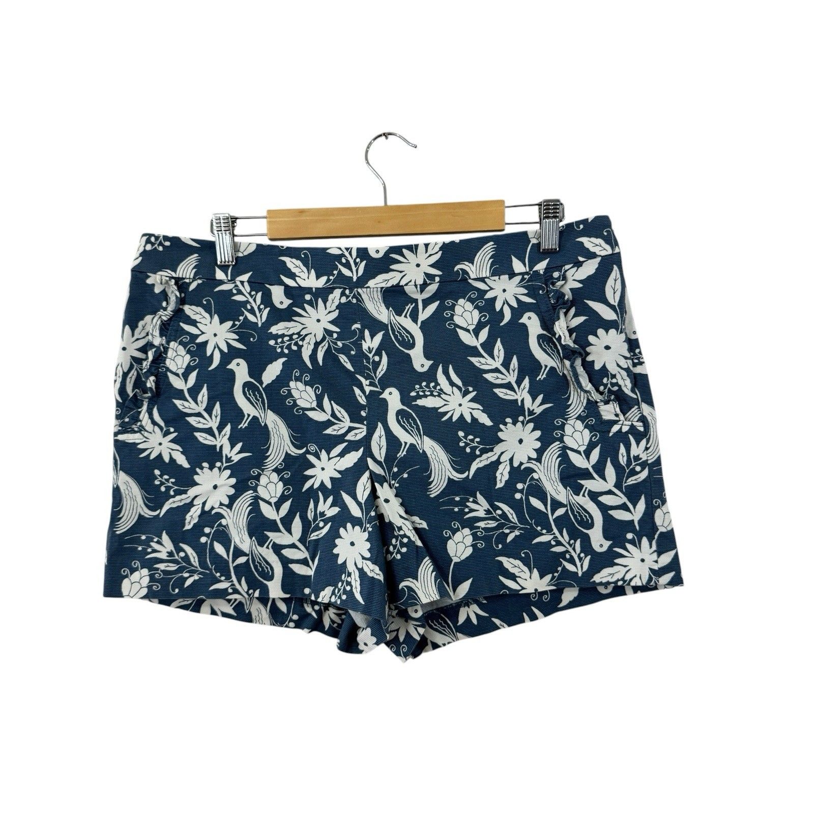 Loft 12 Peacock Folk Botanical Shorts Blue White Dressy Cotton Blend Womens Read